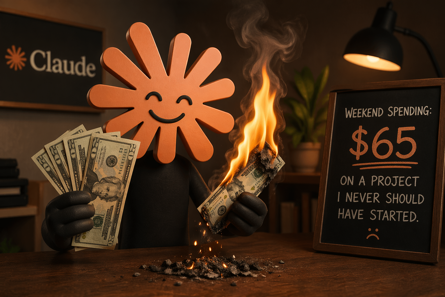 Claude mascot burning money next to a chalkboard showing weekend spending